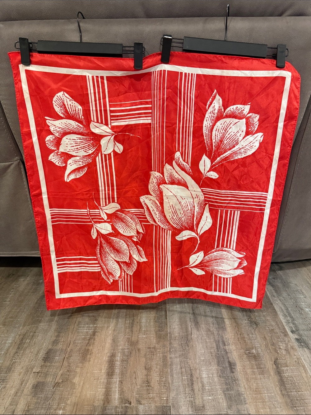 Red Floral Square Scarf with White Bloom Motif Vintage.